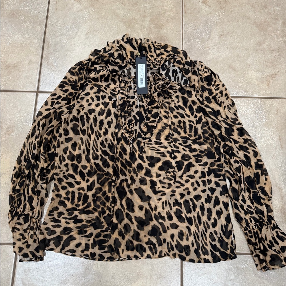Leopard Print Ruffle Neck Blouse - Black & Tan